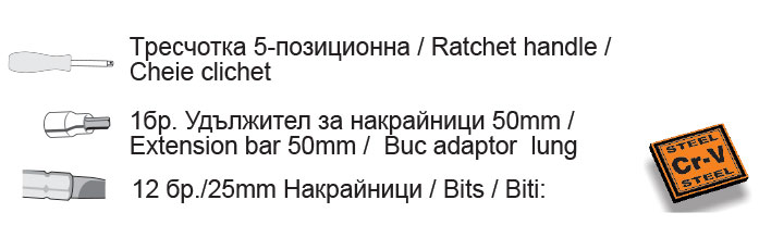 Отвертка -тресчотка чупеща с накрайници к-т 14 части